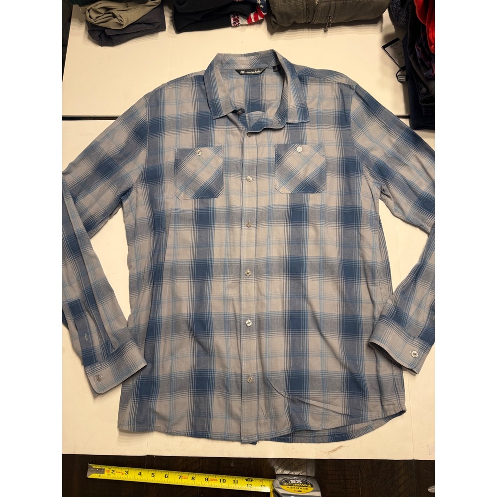 TravisMathew Mens XL Blue Grey Plaid Long Sleeve Button Down Flannel Shirt